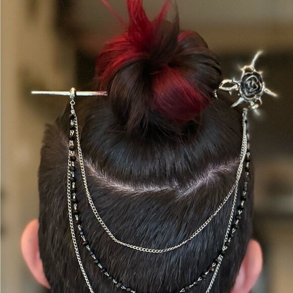 Gothic Rose Hairpin & decorative Chain engraved details Silver Tone New - Picture 8 of 8